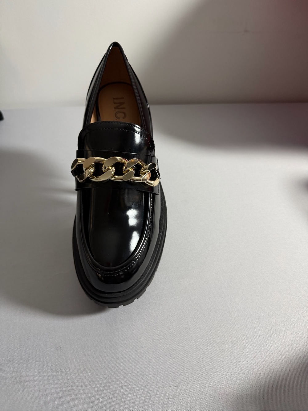 INC International Concepts Black Patent Loafer with Gold Chain